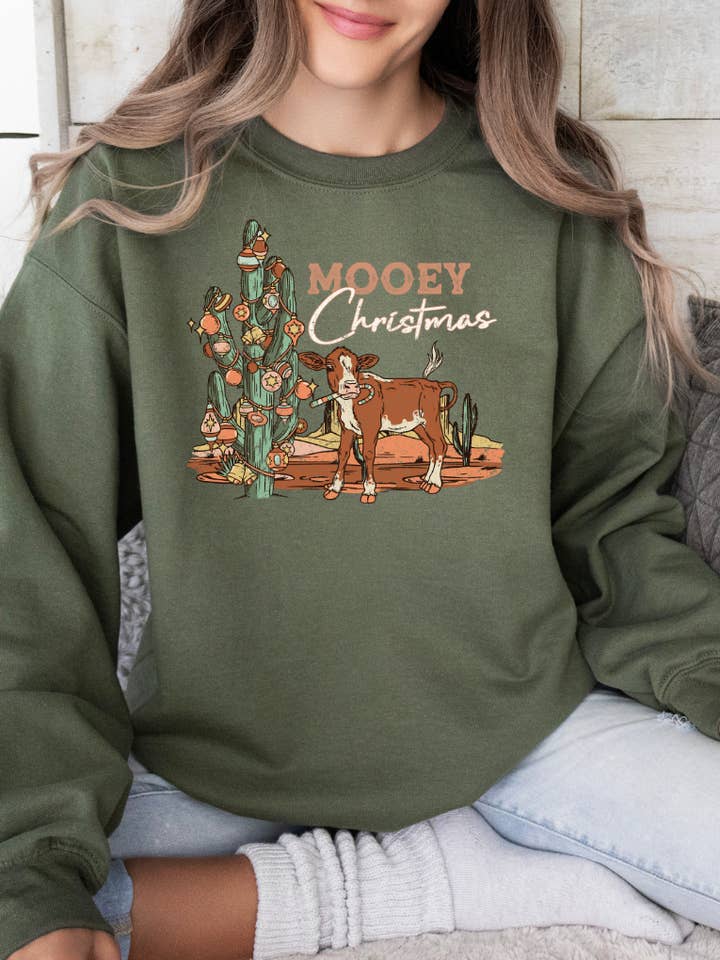 Moodey Christmas Crewneck - Western Cows for wholesale by Laila M and Co