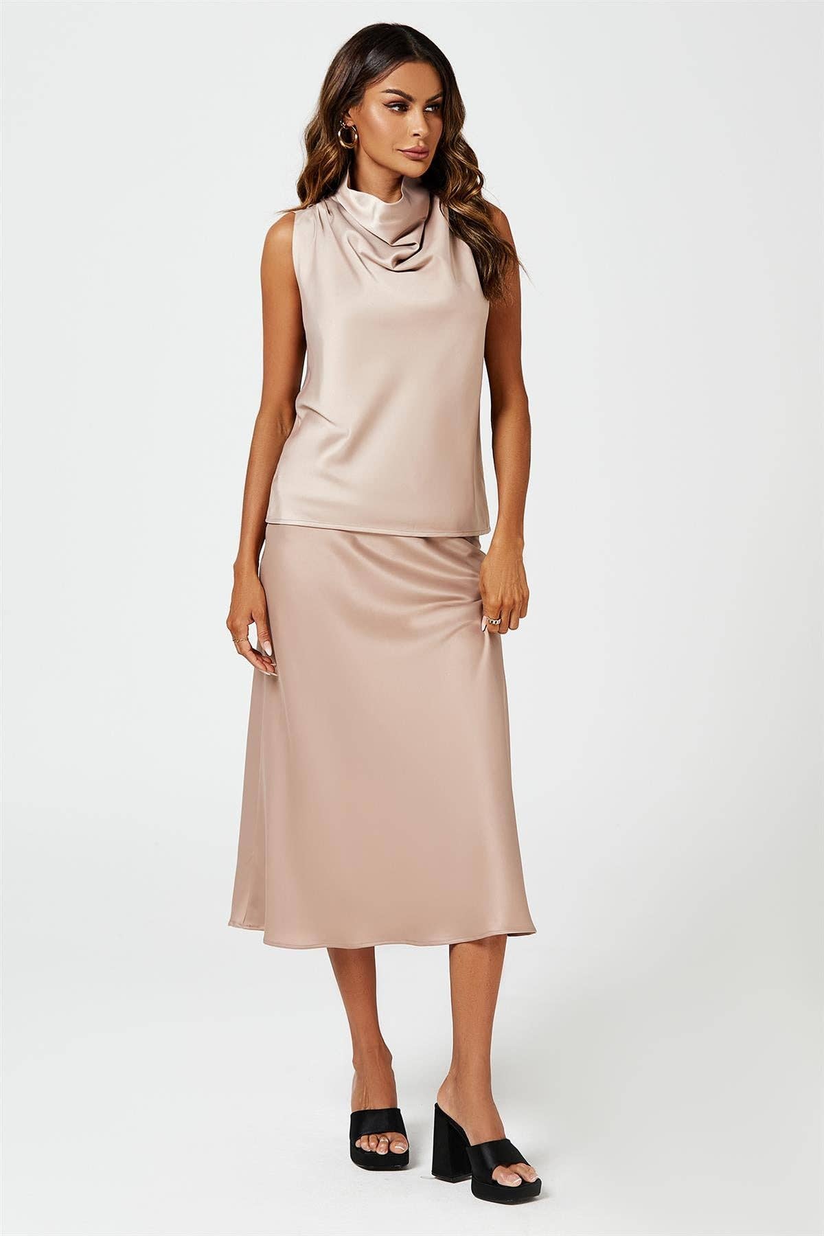 Satin Midi Skirt In Light Brown for wholesale on Faire2