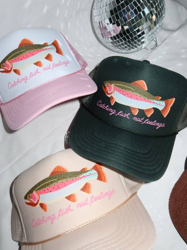 Catching Fish, Not Feelings Trucker Hat – Funny Fishing Hat for wholesale by Threaded Rodeo