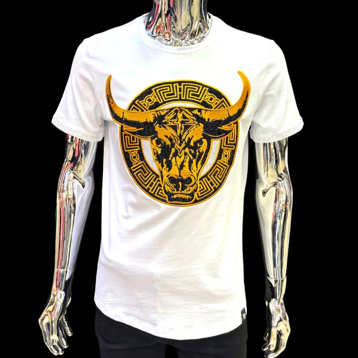 Laverita – Engroshandel T-shirt – til mænd – Herre hvid T-shirt Guld Græsk Bull Horns Print Rhinestone
