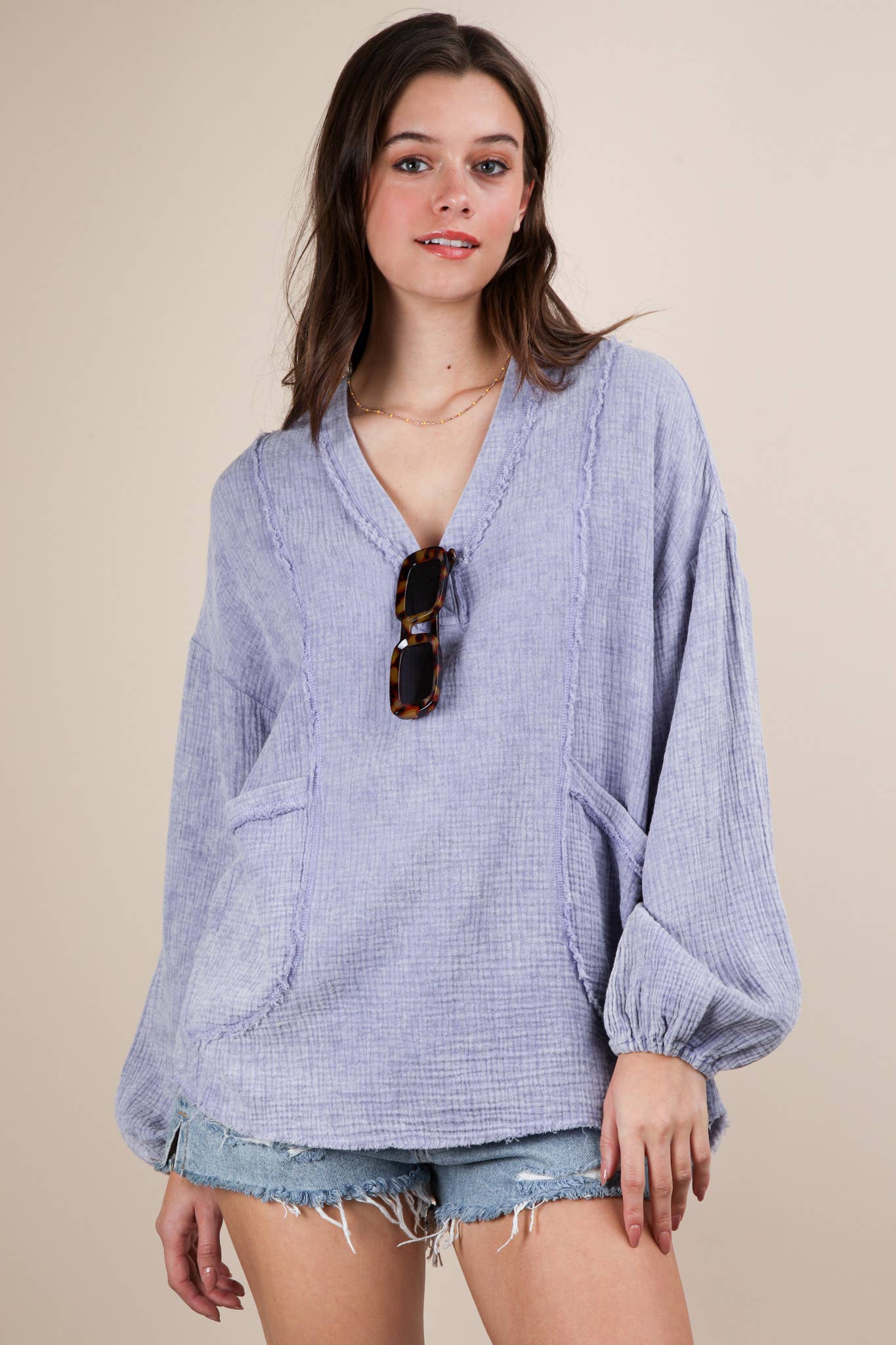 VERY J - Wholesale Shirt - Women's - NT12105-Washed Cotton Gauze Oversized Top11
