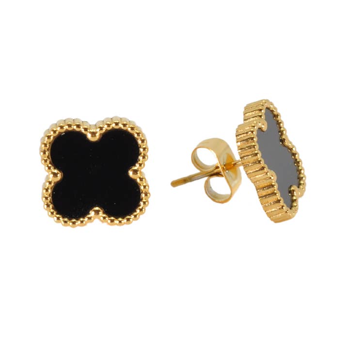 Byzantium Collection Ltd - Wholesale Stud/Post Earrings - Black Four Leaf Clover Stud Earrings, 18K Gold Plated1
