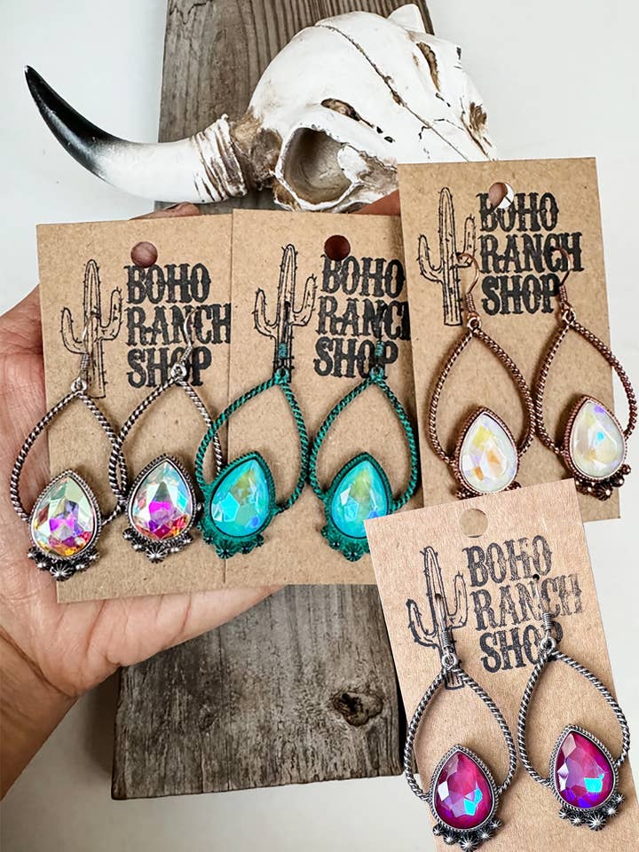 TEARDROP AB STONE Rhinestone Teardrop Earrings for wholesale by Boho Ranch Shop