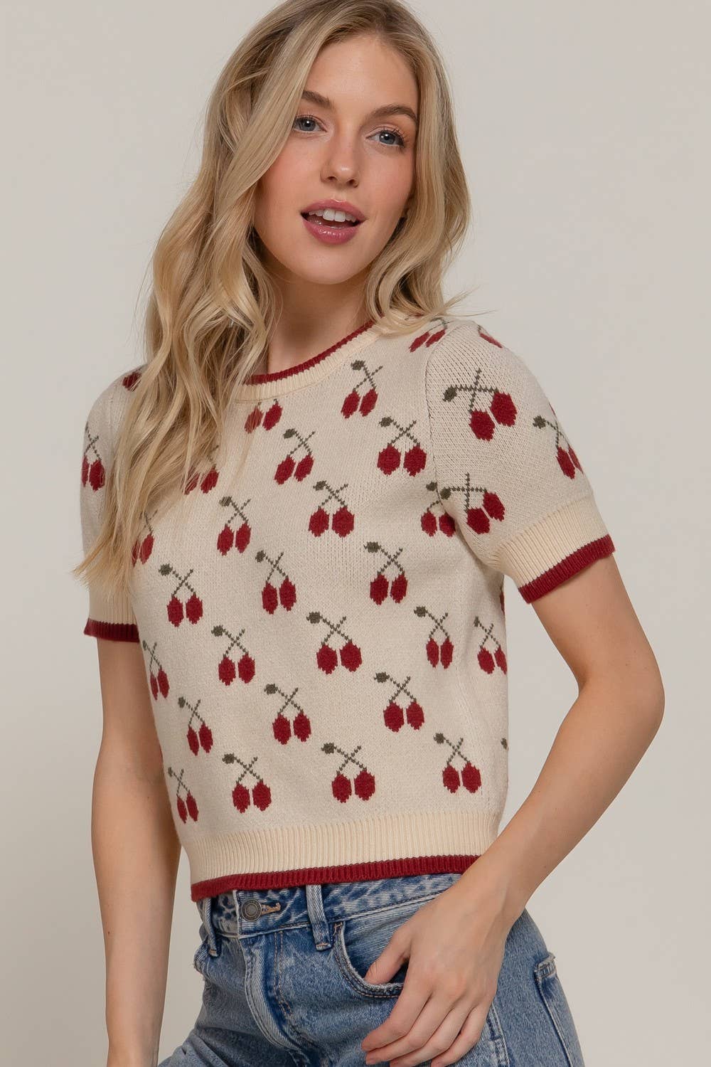 Vanilla Monkey - Wholesale Knit Top - Women's - Short Slv Cherry Pattern Sweater2