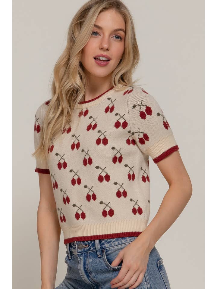 Vanilla Monkey - Wholesale Knit Top - Women's - Short Slv Cherry Pattern Sweater2
