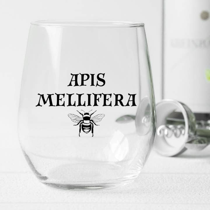 Honey Bee Drinkware, Bee Wine Glass, Stemless Wine Glass for wholesale by Thy Will Bee Done Apiary