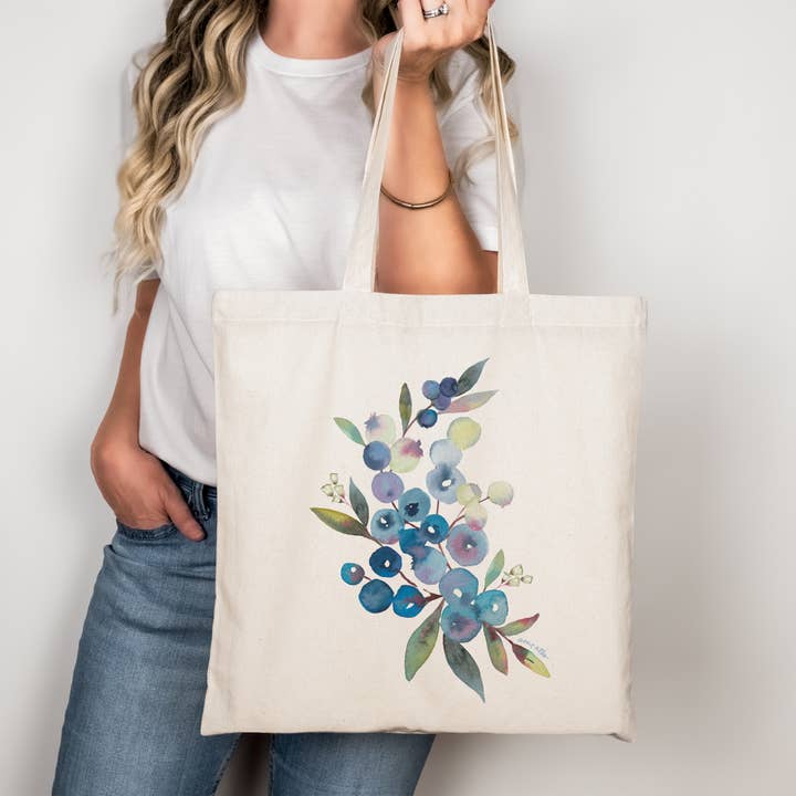 Blueberry Canvas Tote Bag - Market Bag, Gift for Women for wholesale by Wellspring Art + Design