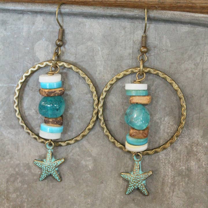 The Primitive Peddler, Inc. - Wholesale Dangle Earrings - Shell & Star Patina Bronze Dangle Earrings
