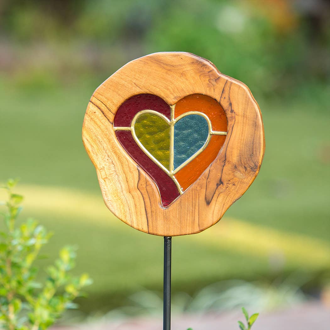 Garden Age Supply - Wholesale Garden/Lawn Stake - Teak Slab Stained Glass Heart Garden Stake - 4FT0