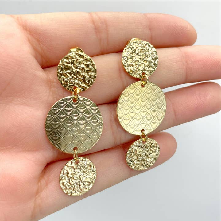 DIJU Jewelry - Wholesale - 18k Gold Filled Texturized Three Circles Dangle Earrings, Very Light, Push Back Closure, Wholesale Jewelry Making Supplies1