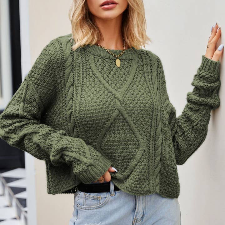 HIDDENBRAND - Wholesale Knit Sweater - Women's - Twisted Button-Knit Loose Crewneck Pullover Sweater