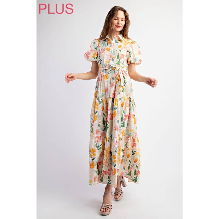 Beige Multi PLUS COTTON FLORAL PRINT SHIRT TIERED MAXI DRESS WITH PUFF S for wholesale on Faire