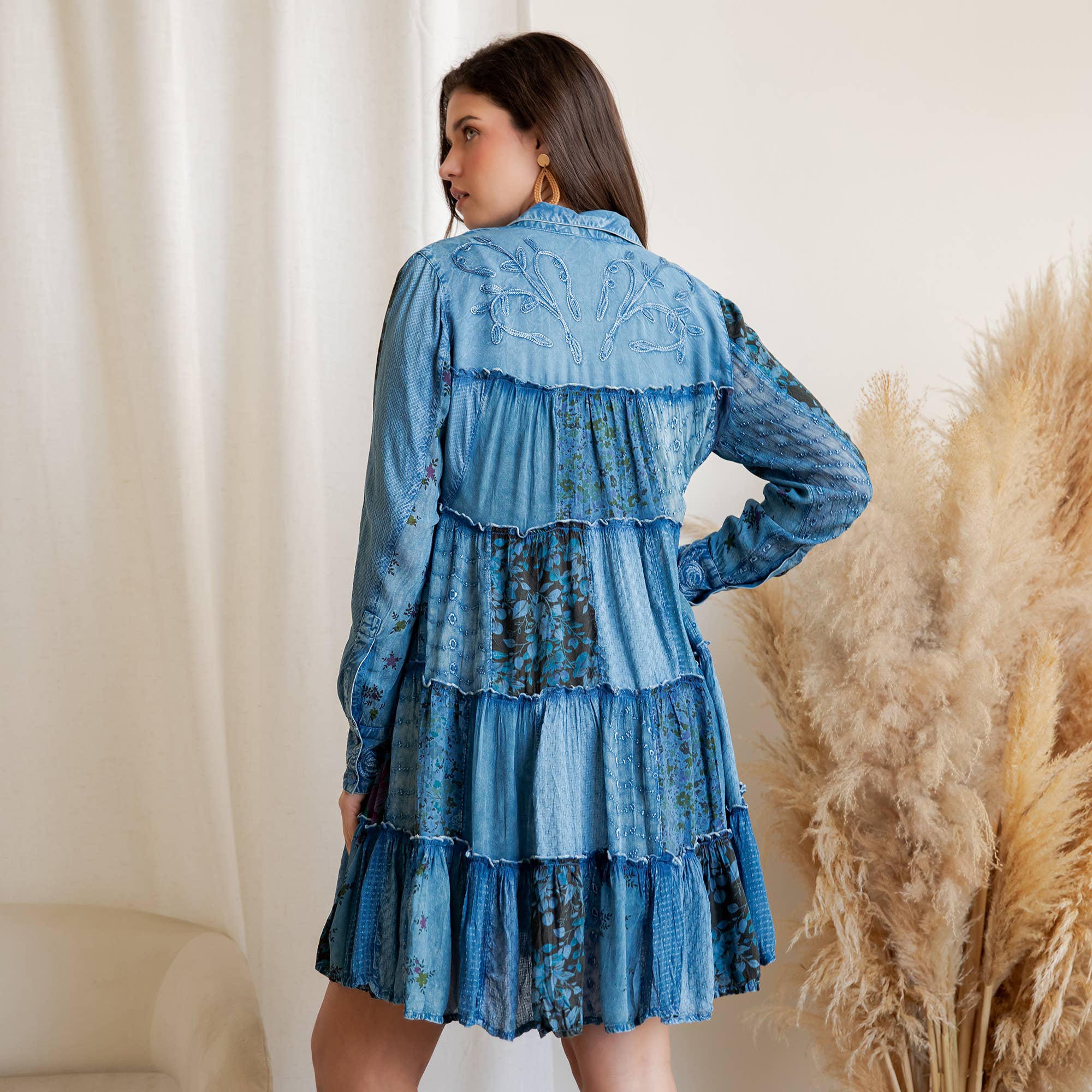 Young Threads - Wholesale Dress - Women's - Artisan Embroidered Jhabla Shirt Dress in Mixed Motifs PLUS24