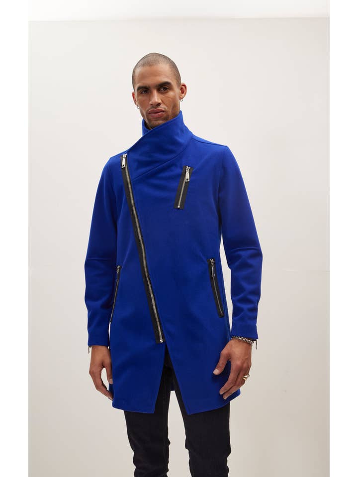 Men's Asymmetrical Zipper Closure Coat - Sax for wholesale on Faire