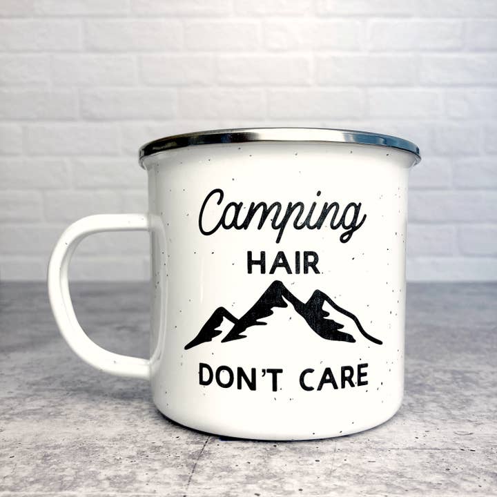 Camping Hair Don't Care Enamel Campfire Mug for wholesale by Katie & Company