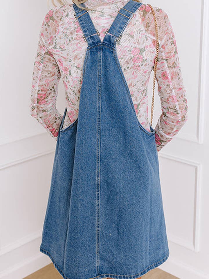 Dusk Blue Wide Strap Button Front Pocketed Denim Mini Dress for wholesale on Faire4