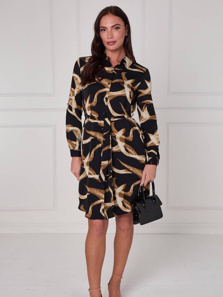 8Pcs Black and Gold Abstract Swirl Print Mini Shirt Dress for wholesale by Love Sunshine Wholesale
