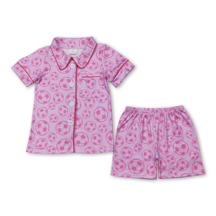 Short sleeves pink soccer baby girls button down pajamas for wholesale by Yawoo Garments