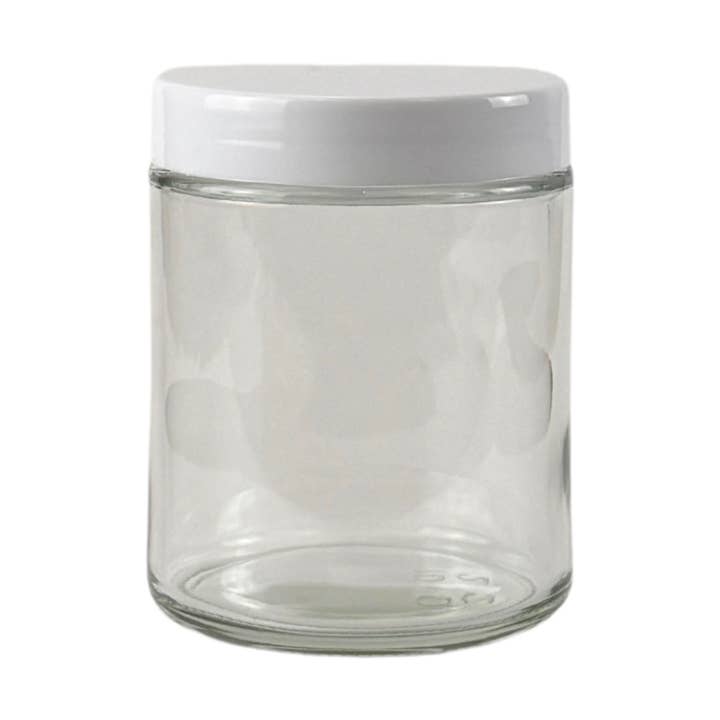 8oz Clear Glass Straight Sided Jar with White PP Lid for wholesale by The Bottle Shoppe