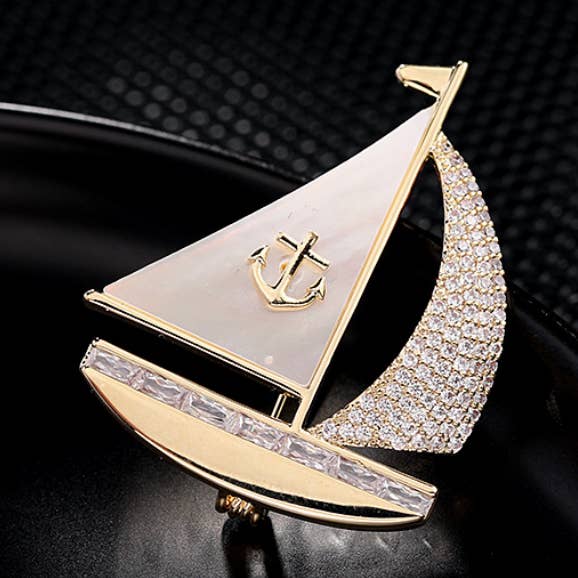 E-134 Mother of Pearl Diamond Sailboat Suit Pin Brooches for wholesale by Gaia Fashion Inc