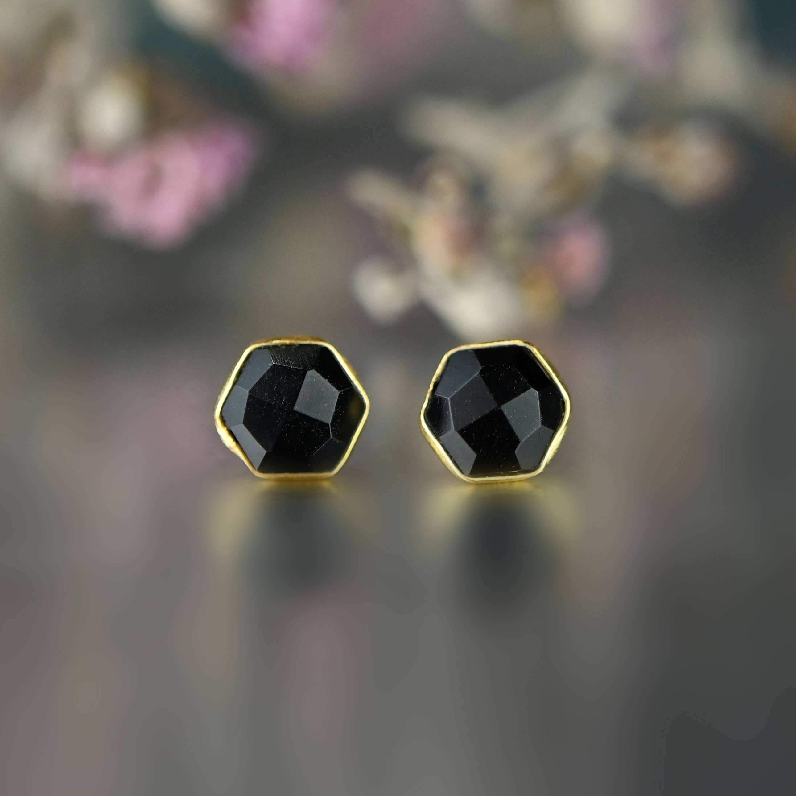 KBD Studio - Wholesale Stud/Post Earrings - Semi Precious Hexagon Gemstone Studs (8mm gold)26