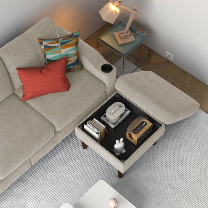 Orange County Decor - Wholesale Sofa - Convertible Combination Sofa Sofa L Shaped Sofa With Footstools With Storage, Beige Sofa For Living Room, Living Room Bedroom Office Small Space 3 Seater Combination Sofa Beige Metal 3 Seat2