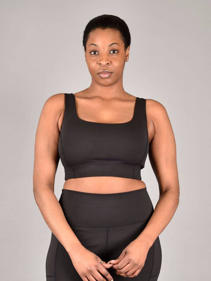 Brigitte Recycled Core Compression Longline Bra in Matte Black for wholesale by Wear Love More LLC
