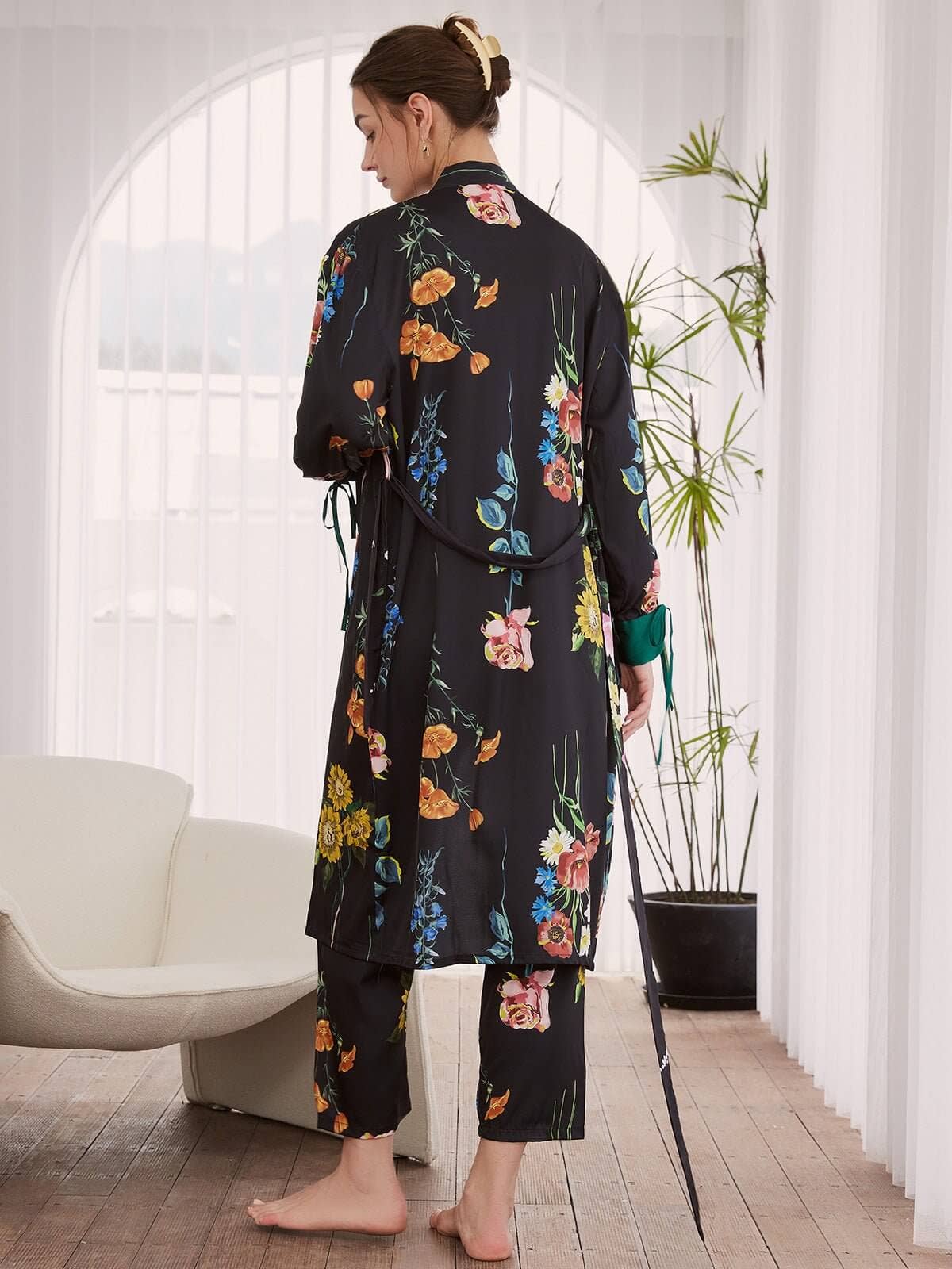 black Floral Pajama Set 3 Pcs for wholesale on Faire1