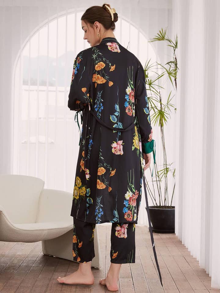 black Floral Pajama Set 3 Pcs for wholesale on Faire1