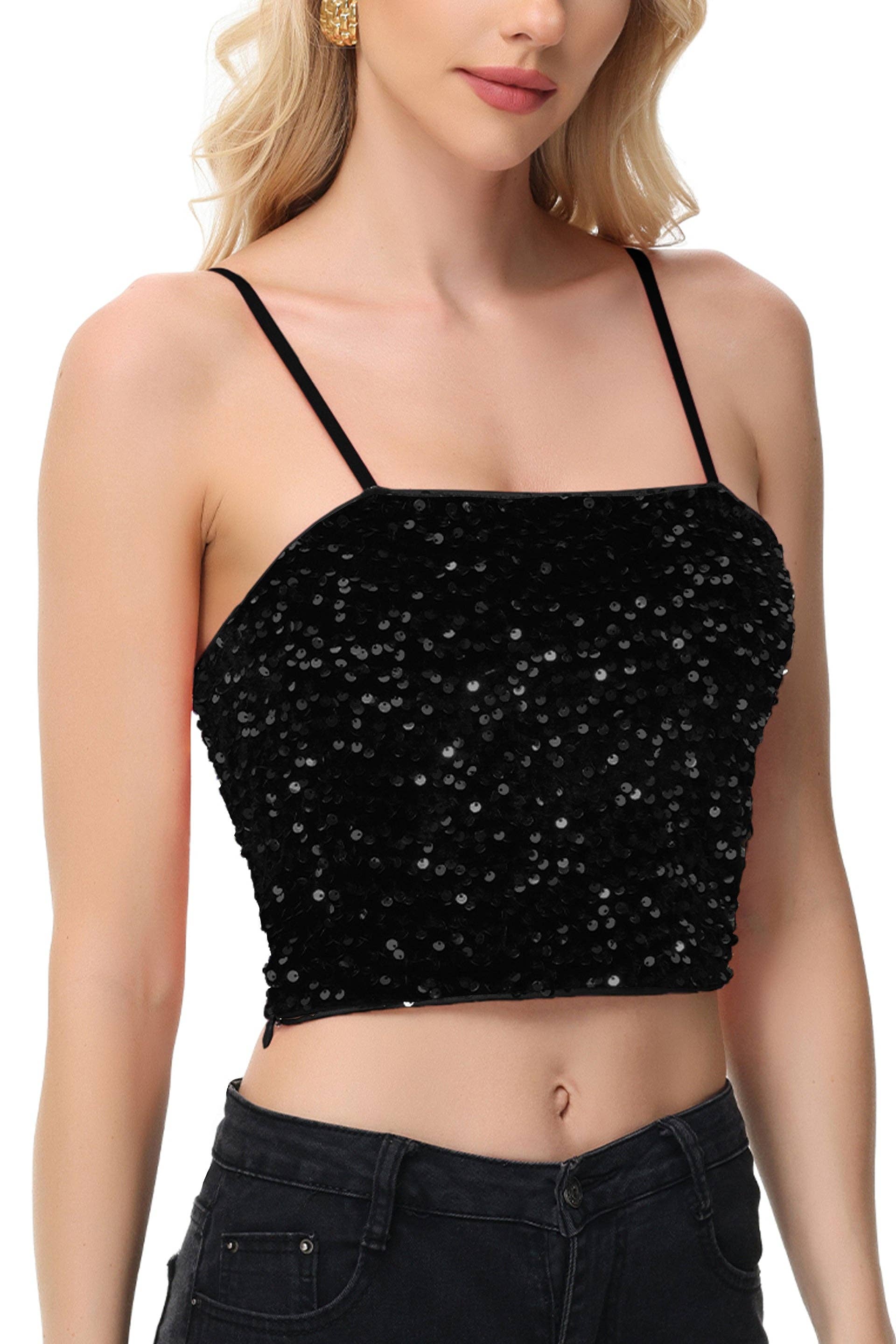 Anna Kaci Wholesale - Wholesale Camisole - Women's - Sparkly Sequin Cami Tops Crop Club Party Glitter Spaghetti0