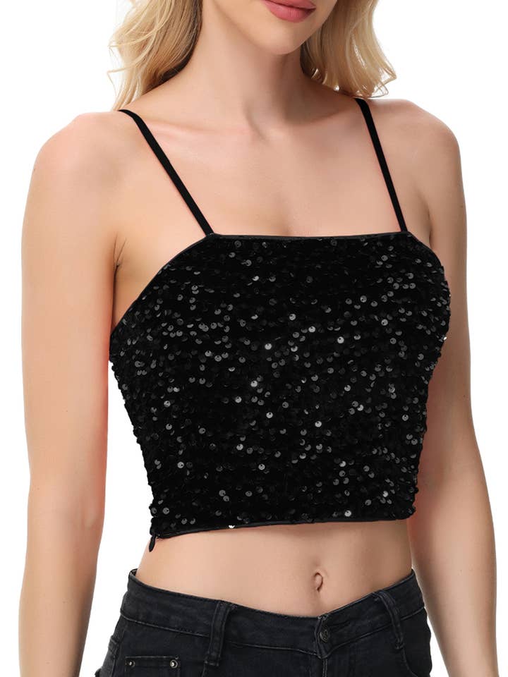 Sparkly Sequin Cami Tops Crop Club Party Glitter Spaghetti for wholesale by Anna Kaci Wholesale