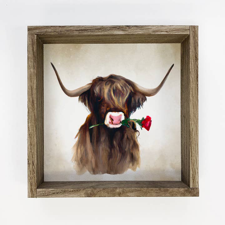 Valentins ko-tegn - Highland Bull med en rød rose for engroshandel hos Hangout Home