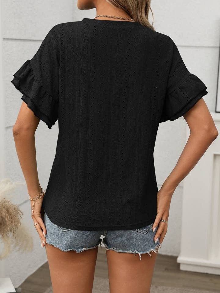 Lovesoft - Wholesale Blouse - Women's - 2025 summer solid color round neck lotus leaf sleeve short sleeve T-shirt top