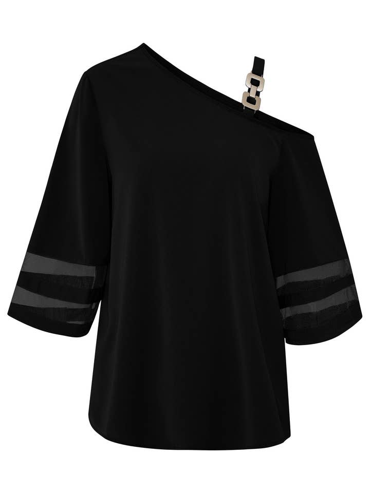 HIDDENBRAND - Wholesale Blouse - Women's - One Off Shoulder T-Shirts Loose Half Sleeve Blouse Shirt1