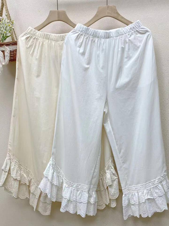 Pantalon à enfiler uni pour femmes avec volants et œillets pour la vente par Sweetkama