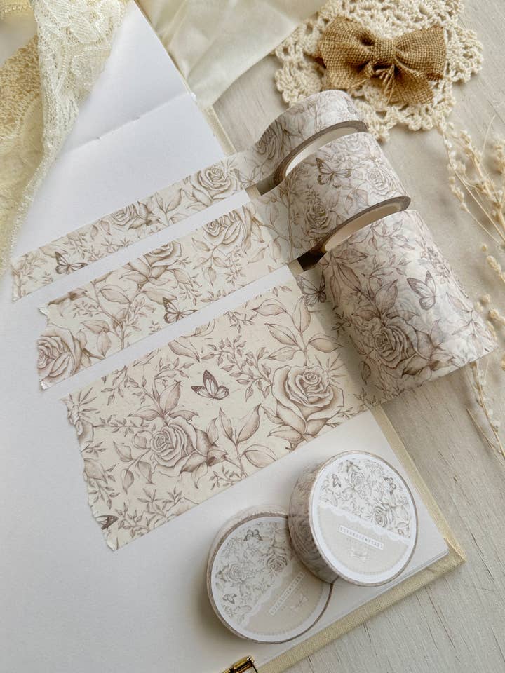 white rose & butterflies washi tape for wholesale by leelajournals