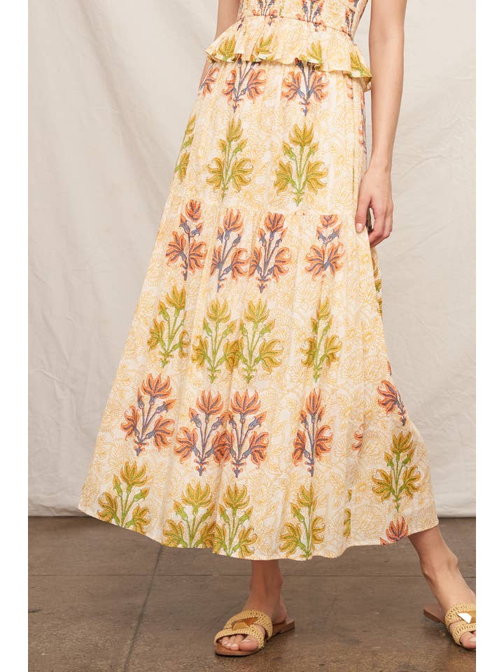 Ivory Yellow Printed Tiered Maxi Skirt for wholesale on Faire