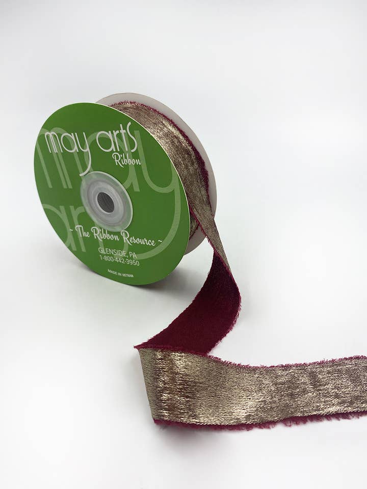 1" Burgundy Red Silky Velvet Metallic Ribbon with Fray Edge for wholesale by May Arts Ribbon