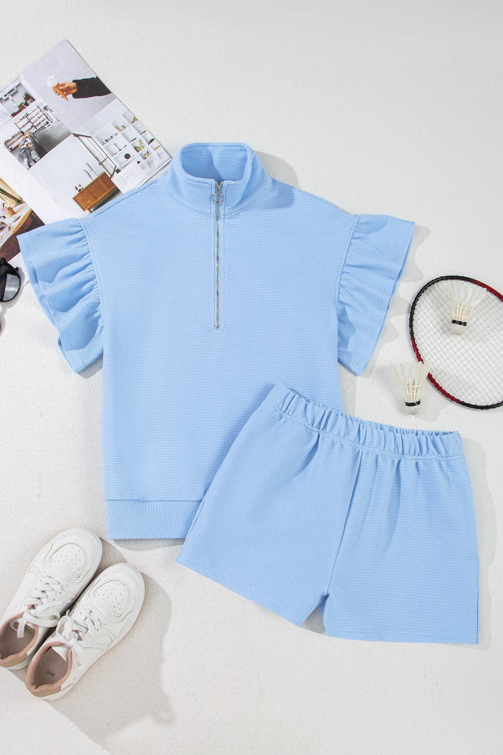 Beau Blue Ribbed Texture Half Zip Ruffled Short Sleeve Top and Shorts Set for wholesale on Faire6