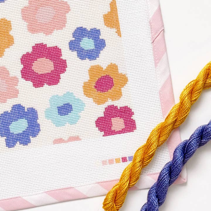 Cotswold Co Designs - Wholesale Embroidery/Cross Stitch Supplies - Retro Flower Pillow Needlepoint Canvas | Hand-Painted 13 Mesh | 8.5” x 8.5” Design on 12” x 12” Canvas | Ready to Ship11