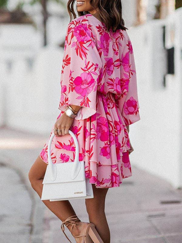 RED A-Line High Waisted Double Layered Elasticity Flower Print V-Neck Mini Dresses for wholesale on Faire2