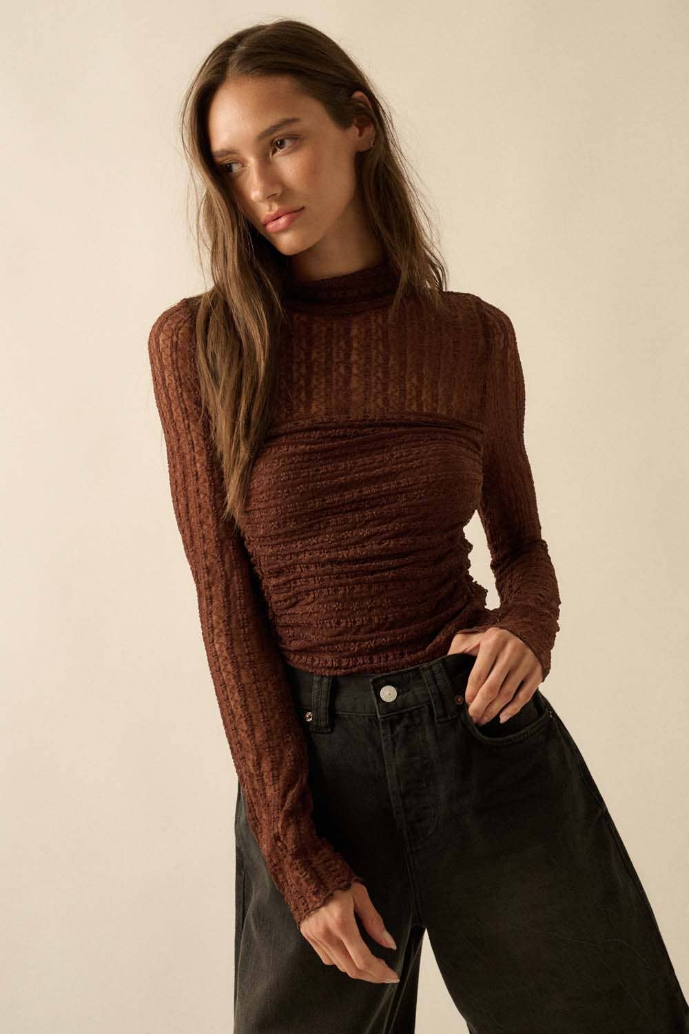 Promesa USA - Wholesale Bodysuit - Women's - Striped Floral Lace Ruched Mock-Neck Bodysuit6