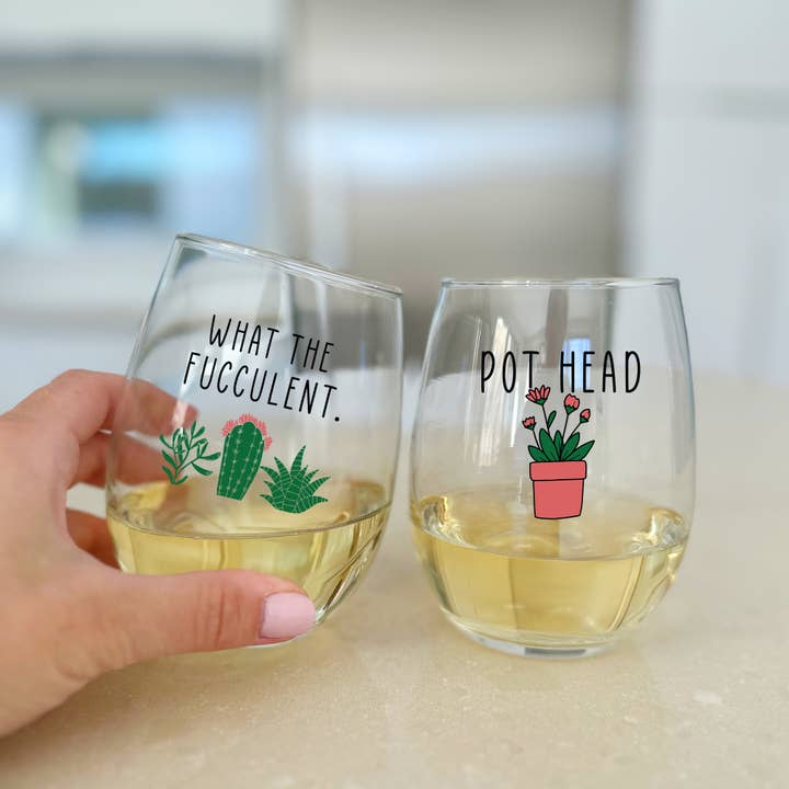 On The Rox Drinks - Wholesale Wine Glass - 15oz Funny Succulent Stemless Wine Glasses, Set of 2
