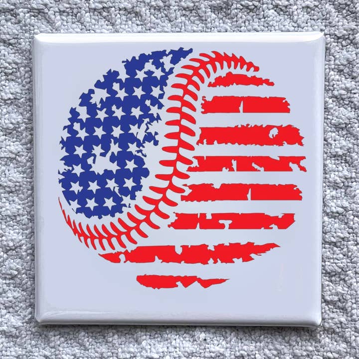 American Flag Baseball 2x2" Magnet-Handmade Fridge Décor for wholesale by Made With Aloha Magnets,llc