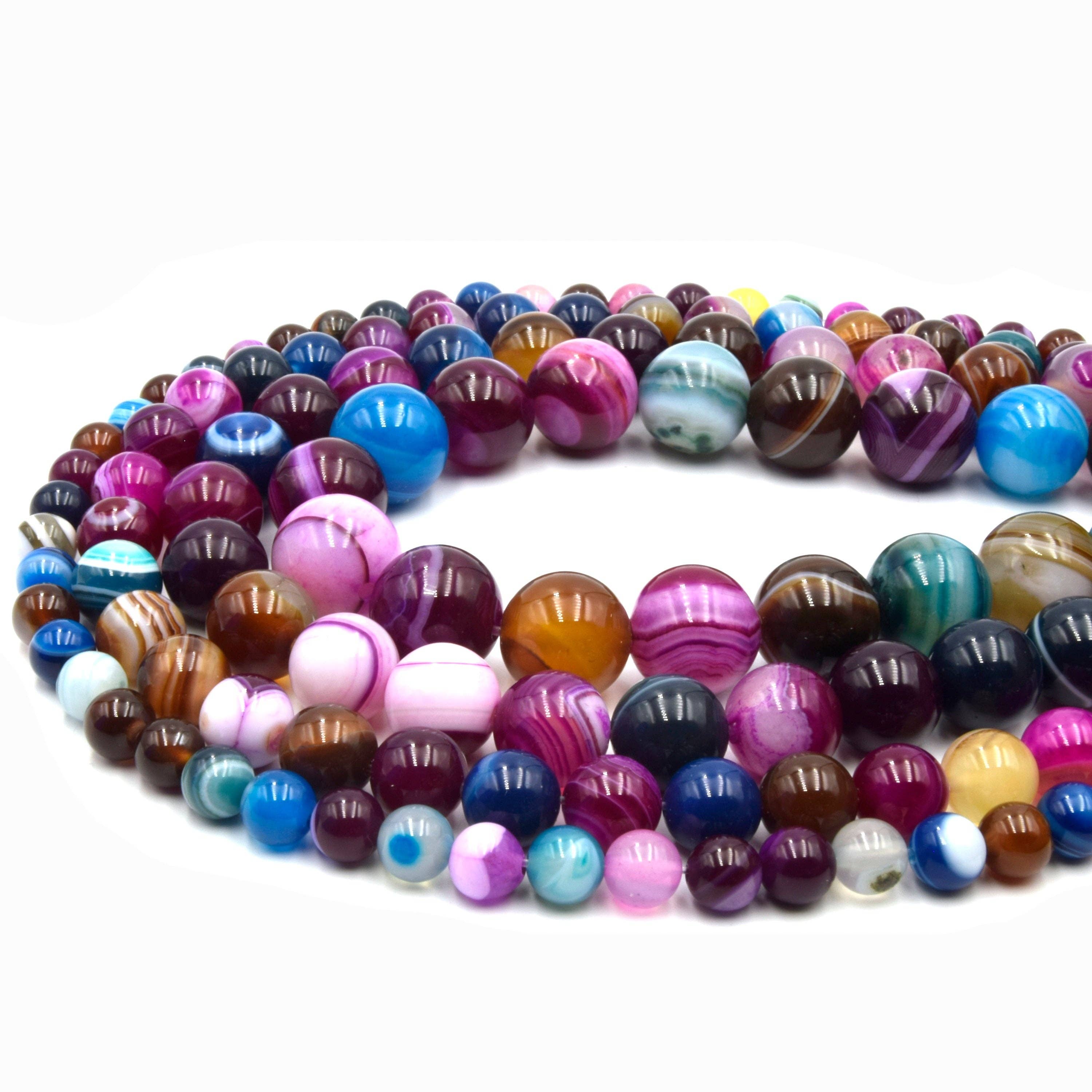 Only Beads - Wholesale Beads - Pink Multi Color Striped Agate  Beads | Smooth Round Loose Gemstone Beads | Natural Agate Beads4