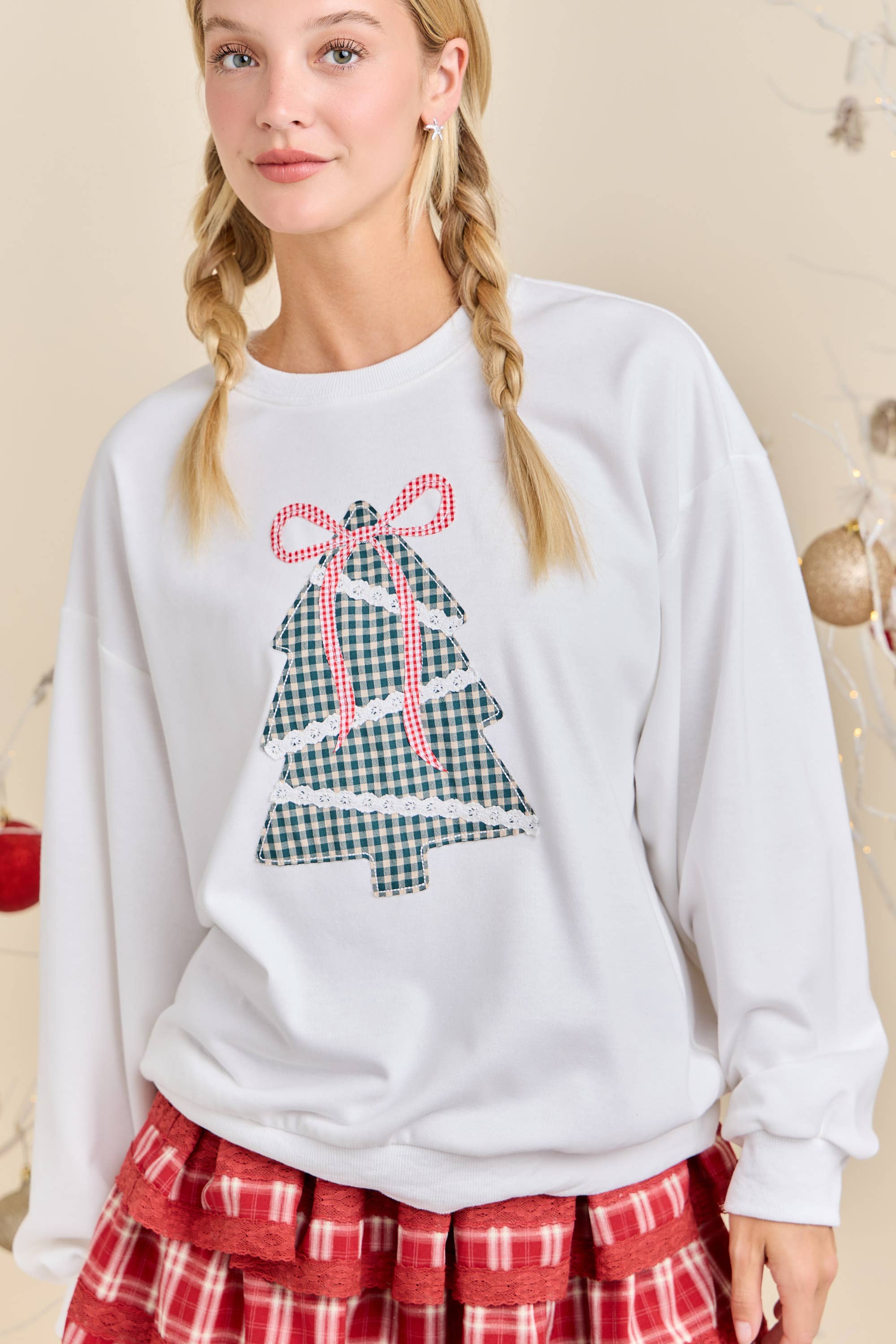 WHITE Holiday Plaid Tree Sweatshirt – Festive Cozy Knit for wholesale on Faire3