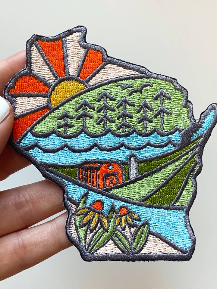 WI Line Drawn State Embroidered Iron-On Patch for wholesale by Bottlebrush Graphics