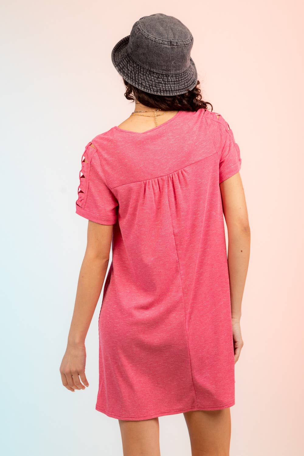 VERY J - Wholesale Dress - Women's - ND30836-Ruched Cutout Sleeve Tee Dress8