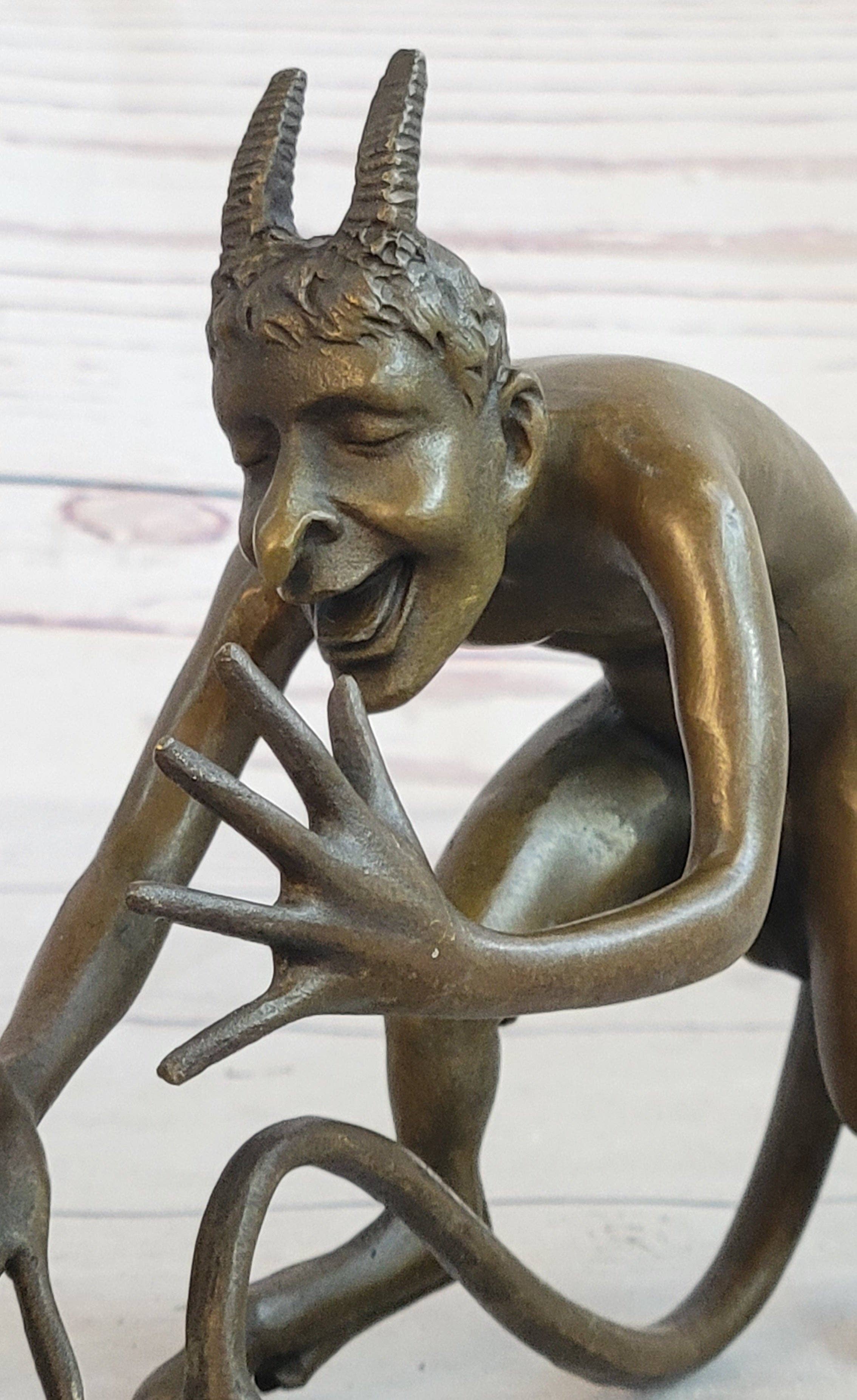 Bronzhaus - Wholesale Sculpture - Greek Satyr Chasing Nymph Bronze Figurine Sculpture Demon Horny Devil Satan 5" x 7"7