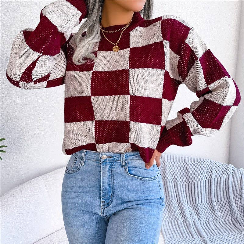 OceanusSwim - Wholesale Knit Sweater - Women's - Color Block Checkered Sweater2